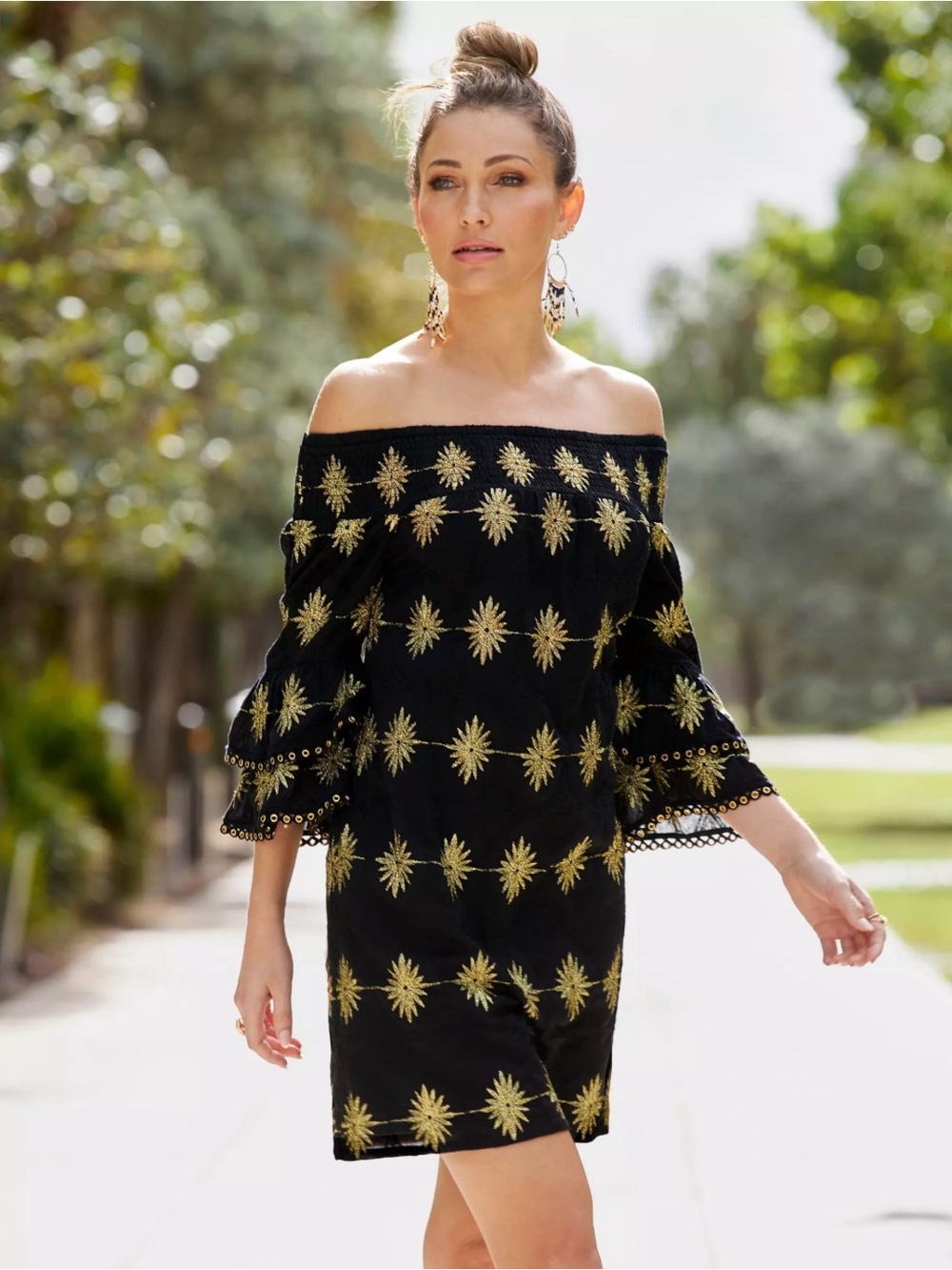 Boston Proper Women’s Metallic Detail Off-The-Shoulder Dress Black/Gold XS Fancy